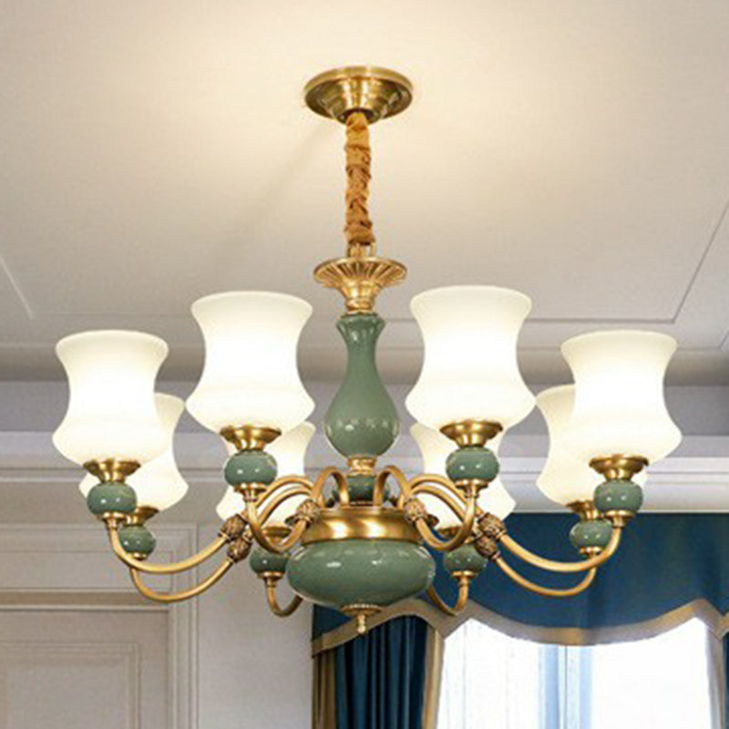 Retro Vase Up Chandelier Opal Frosted Glass Hanging Light in Emerald Green-Gold for Dining Room