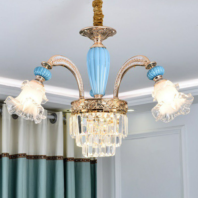 Frosted White Glass Floral Chandelier Antiqued Bedroom Hanging Ceiling Light in Blue