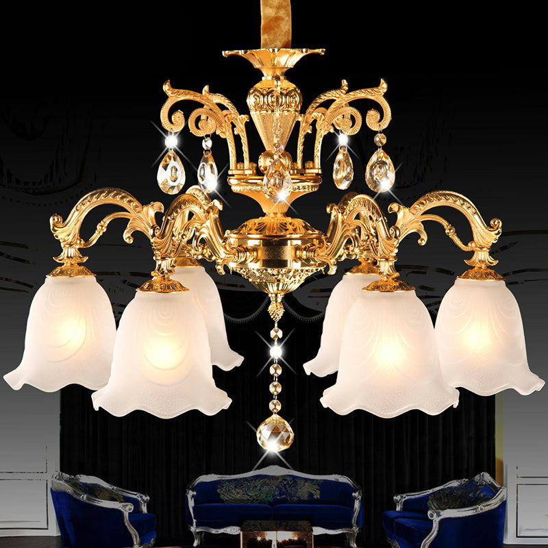 Gold Flower Down Lighting Traditional Cream Glass 6 Heads Dining Room Chandelier with Crystal Teardrops