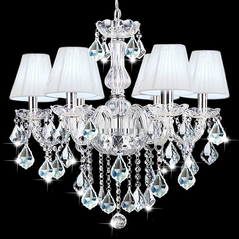 Pleated Fabric White Chandelier Empire Shade Transitional Pendant Light with Crystal Pendalogues