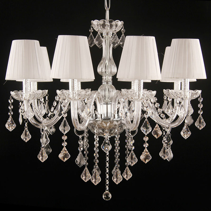 Pleated Fabric White Chandelier Empire Shade Transitional Pendant Light with Crystal Pendalogues