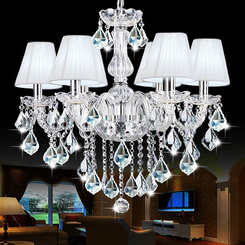 Pleated Fabric White Chandelier Empire Shade Transitional Pendant Light with Crystal Pendalogues