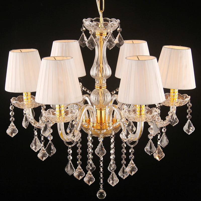 Pleated Fabric White Chandelier Empire Shade Transitional Pendant Light with Crystal Pendalogues