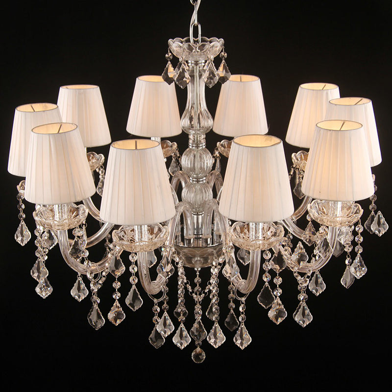 Pleated Fabric White Chandelier Empire Shade Transitional Pendant Light with Crystal Pendalogues