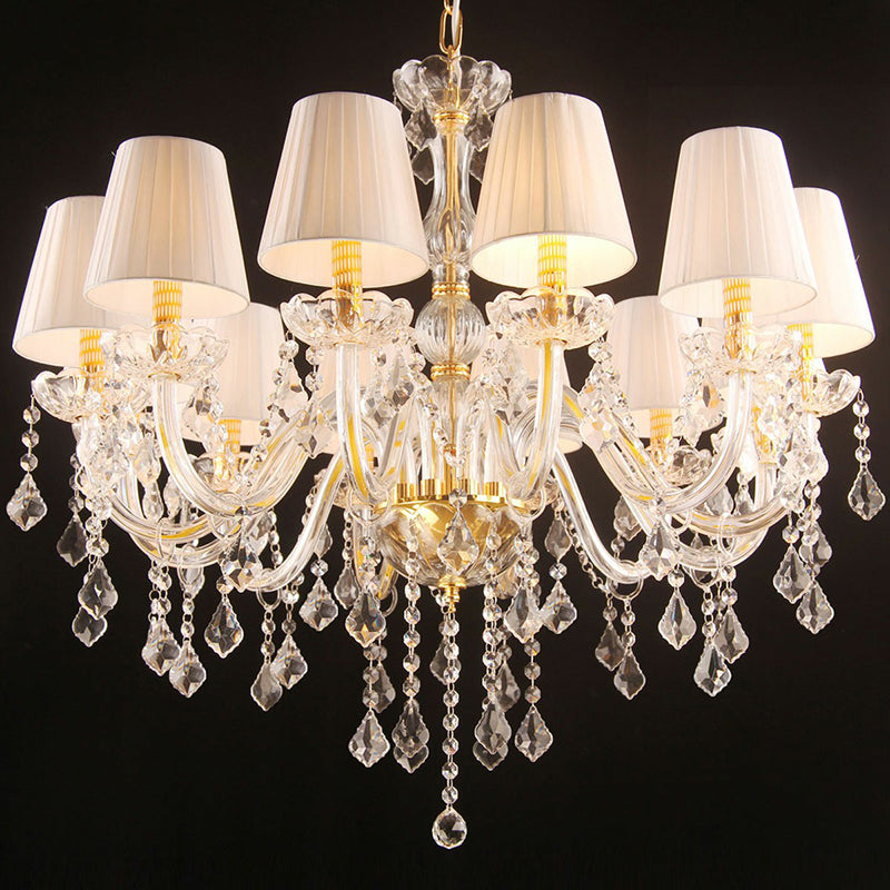 Pleated Fabric White Chandelier Empire Shade Transitional Pendant Light with Crystal Pendalogues