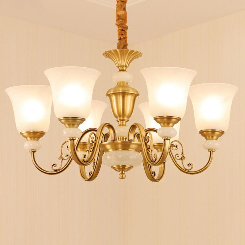 Bell Shaped Restaurant Suspension Lighting Colonial Style Frosted Glass Brass Chandelier Light Fixture