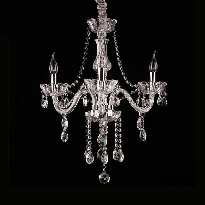 Victorian Style Candle Chandelier 3-Head Clear Glass Hanging Light with Crystal Strand
