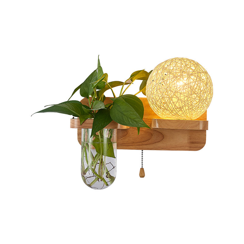 1-Light Rattan Wall Light Fixture Nordic Ball Living Room Sconce Lamp with Pull Chain and Plant Pot