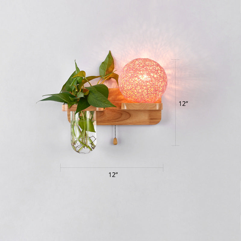 1-Light Rattan Wall Light Fixture Nordic Ball Living Room Sconce Lamp with Pull Chain and Plant Pot
