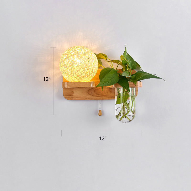 1-Light Rattan Wall Light Fixture Nordic Ball Living Room Sconce Lamp with Pull Chain and Plant Pot