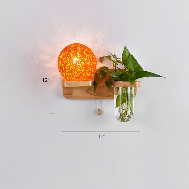 1-Light Rattan Wall Light Fixture Nordic Ball Living Room Sconce Lamp with Pull Chain and Plant Pot