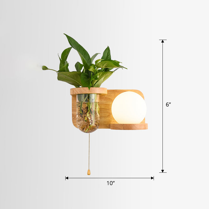 Milk Glass Ball Wall Lighting Nordic 1-Bulb Bedside Pull Chain Sconce with Wood Rack and Planter