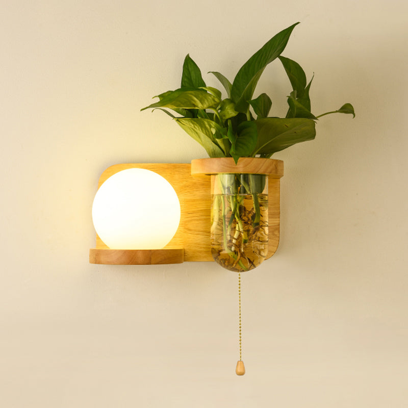 Milk Glass Ball Wall Lighting Nordic 1-Bulb Bedside Pull Chain Sconce with Wood Rack and Planter