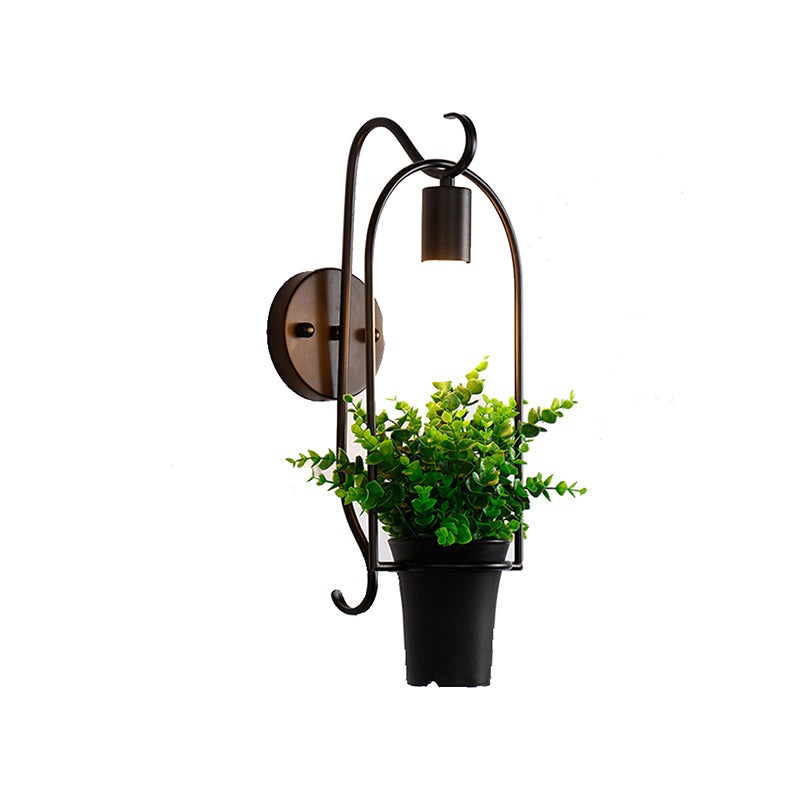 Black-Green Faux Bonsai Wall Lamp Nordic Metal 1-Light Bedroom Sconce Light Fixture