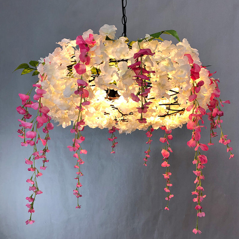 3-Light Round Cage Pendant Lamp Rural Metal Chandelier Light with Artificial Flower