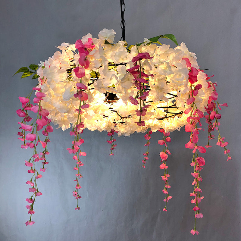 3-Light Round Cage Pendant Lamp Rural Metal Chandelier Light with Artificial Flower