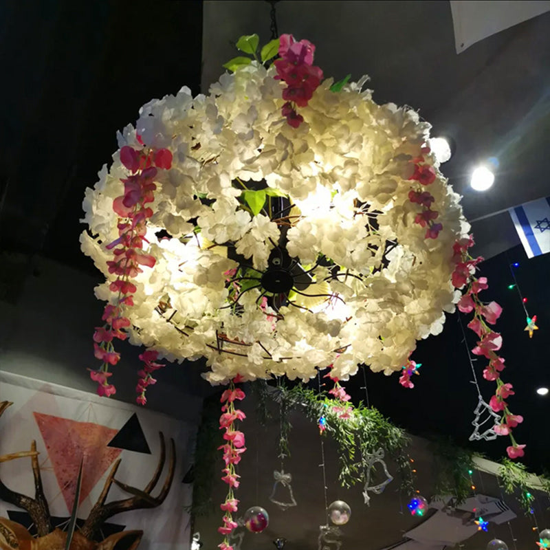 3-Light Round Cage Pendant Lamp Rural Metal Chandelier Light with Artificial Flower