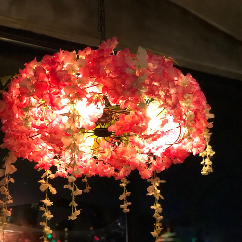 3-Light Round Cage Pendant Lamp Rural Metal Chandelier Light with Artificial Flower