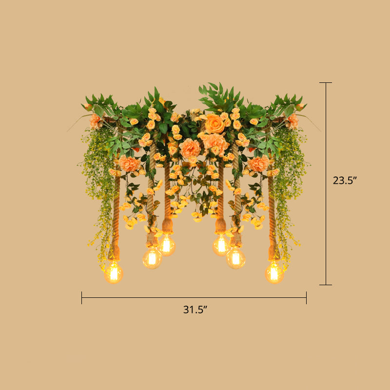 Hemp Rope Island Lighting Cottage Pink Flower and Vine Dining Room Pendant Light