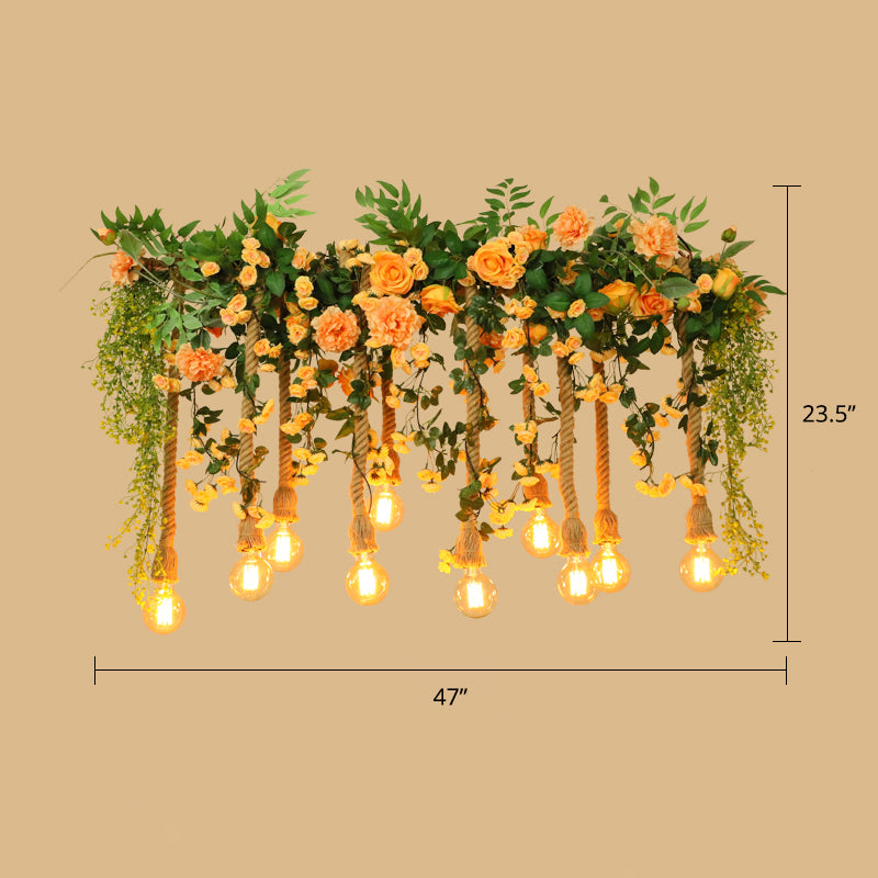 Hemp Rope Island Lighting Cottage Pink Flower and Vine Dining Room Pendant Light