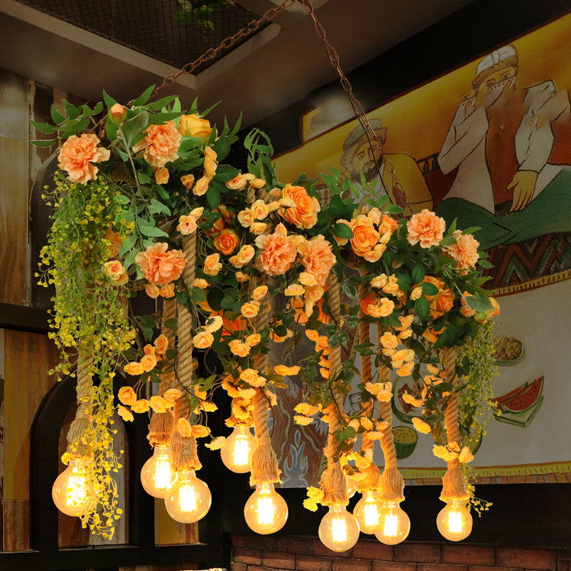 Hemp Rope Island Lighting Cottage Pink Flower and Vine Dining Room Pendant Light