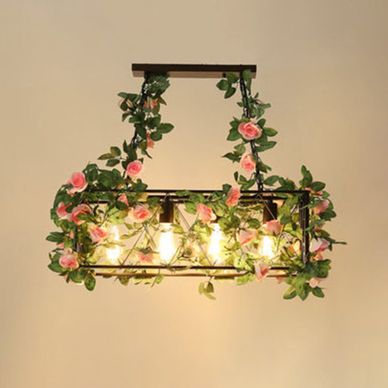 4-Light Rectangle Island Lamp Industrial Black Metal Hanging Light with Faux Plant Decor