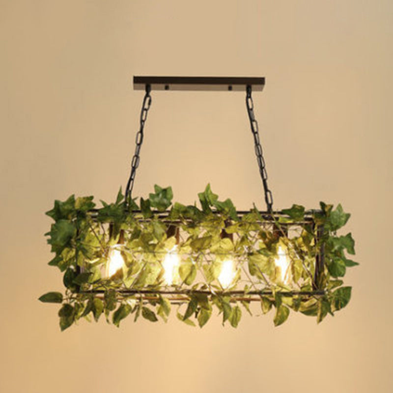 4-Light Rectangle Island Lamp Industrial Black Metal Hanging Light with Faux Plant Decor