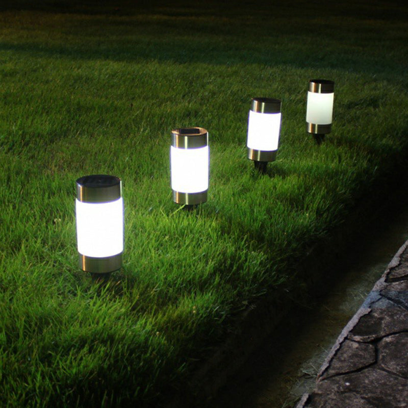 Stainless Steel Cylinder LED Stake Light Minimalist Black and Chrome Solar Path Lamp for Garden