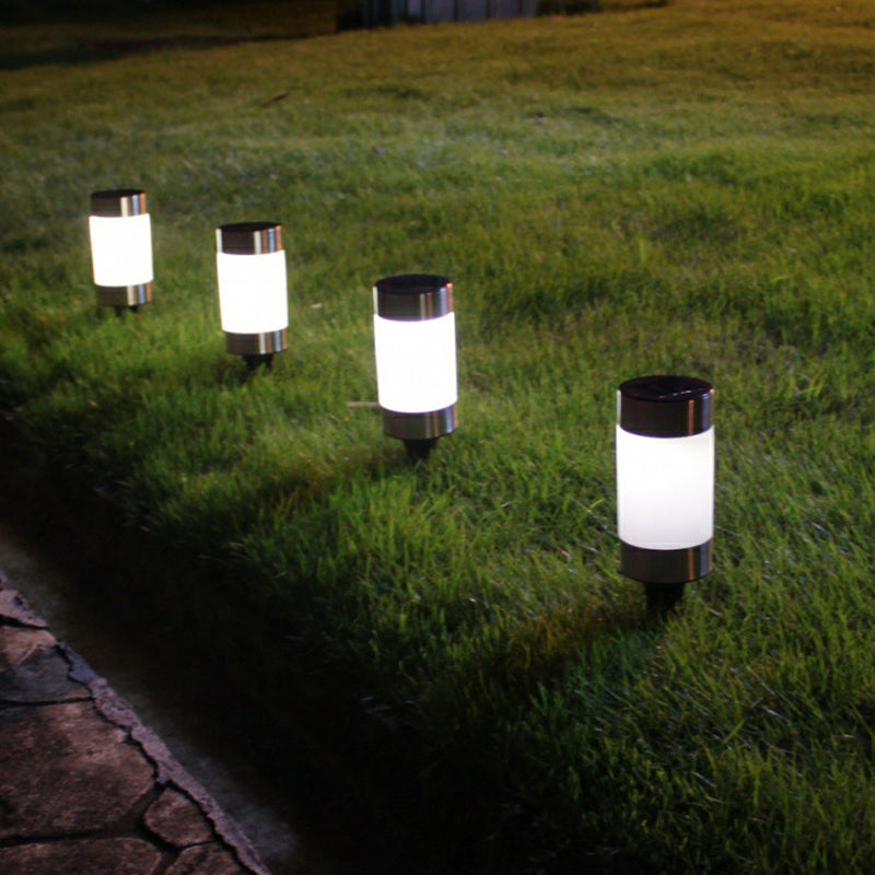 Stainless Steel Cylinder LED Stake Light Minimalist Black and Chrome Solar Path Lamp for Garden