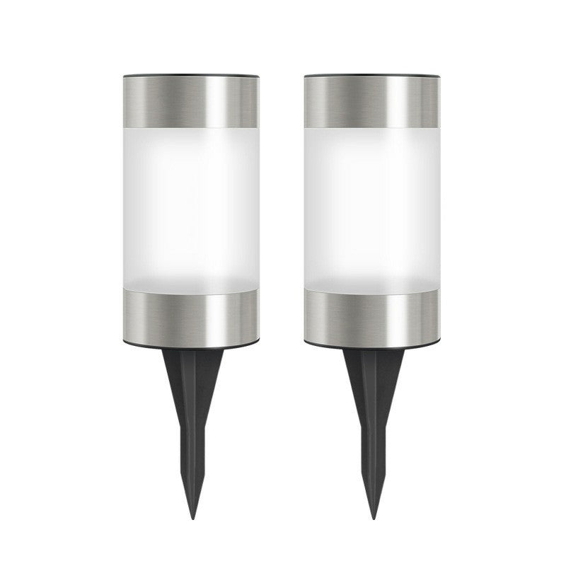 Stainless Steel Cylinder LED Stake Light Minimalist Black and Chrome Solar Path Lamp for Garden