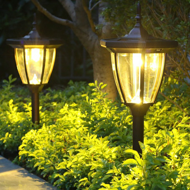 Clear Glass Bell Lawn Lamp Vintage Black Solar Powered LED Stake Light for Garden