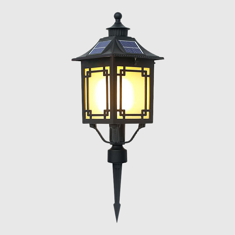 House Shaped Solar Landscape Lamp Vintage Frosted Glass Black LED Stake Light for Patio