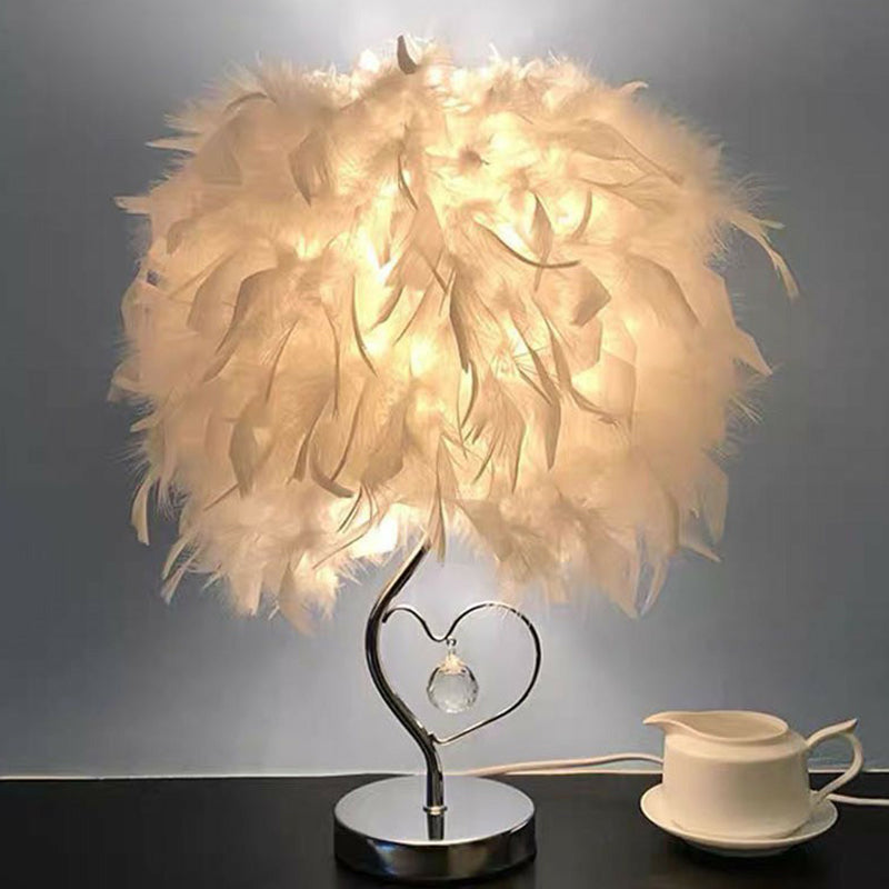 Minimalistic 1 Head Nightstand Lamp Cylindrical Table Light with Feather Shade for Bedroom