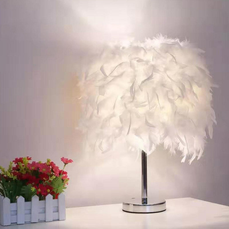 Minimalistic 1 Head Nightstand Lamp Cylindrical Table Light with Feather Shade for Bedroom