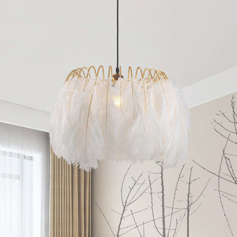 White Circle Suspension Lighting Nordic Single-Bulb Feather Pendant Light for Bedroom