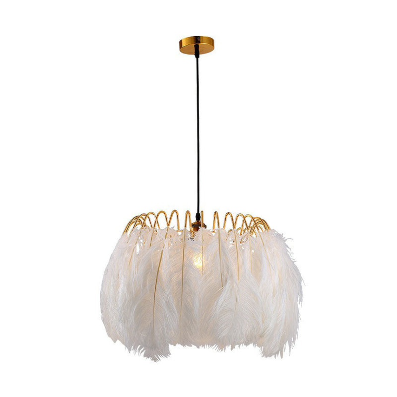 White Circle Suspension Lighting Nordic Single-Bulb Feather Pendant Light for Bedroom