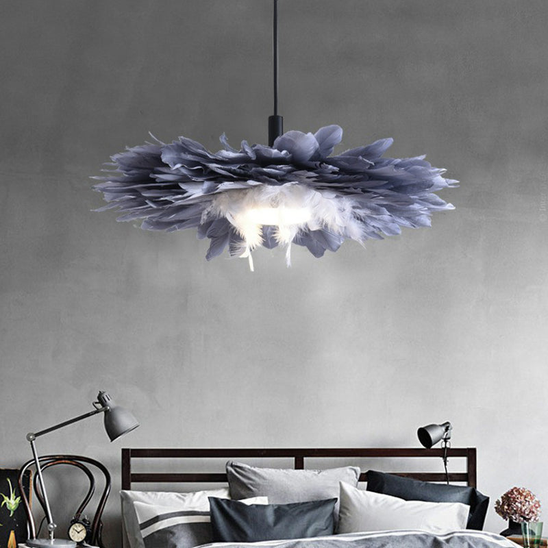 Floral Feather Hanging Light Fixture Artistic 1 Head Black and Blue Pendant Lamp for Bedroom