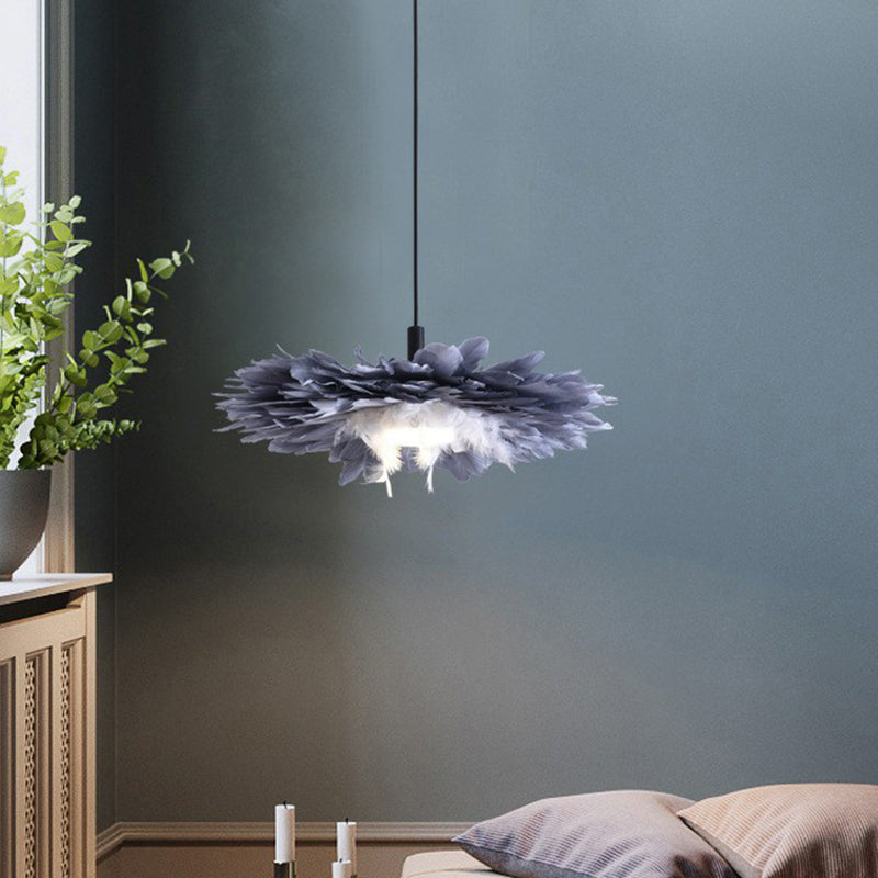 Floral Feather Hanging Light Fixture Artistic 1 Head Black and Blue Pendant Lamp for Bedroom