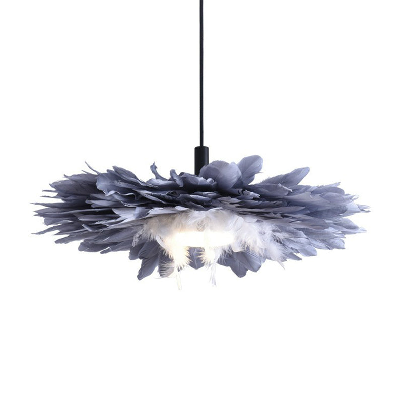 Floral Feather Hanging Light Fixture Artistic 1 Head Black and Blue Pendant Lamp for Bedroom