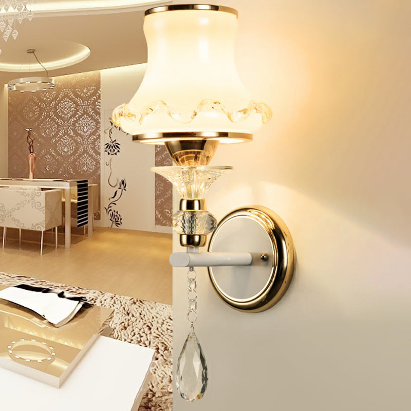Flared Living Room Wall Light Vintage Frosted Glass Champagne Wall Sconce with Crystal Accents