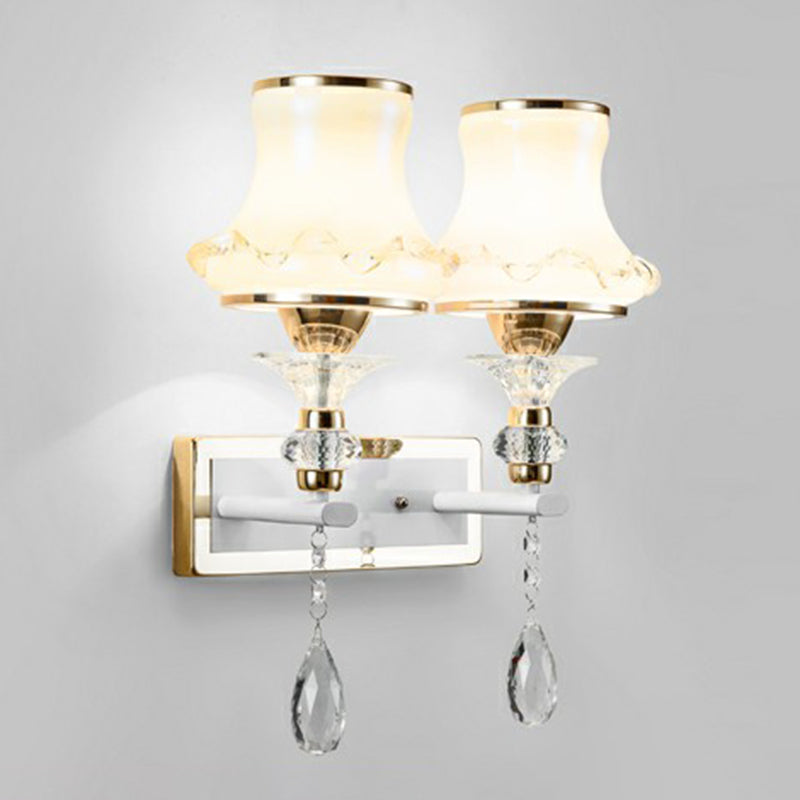 Flared Living Room Wall Light Vintage Frosted Glass Champagne Wall Sconce with Crystal Accents