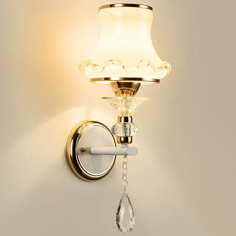 Flared Living Room Wall Light Vintage Frosted Glass Champagne Wall Sconce with Crystal Accents