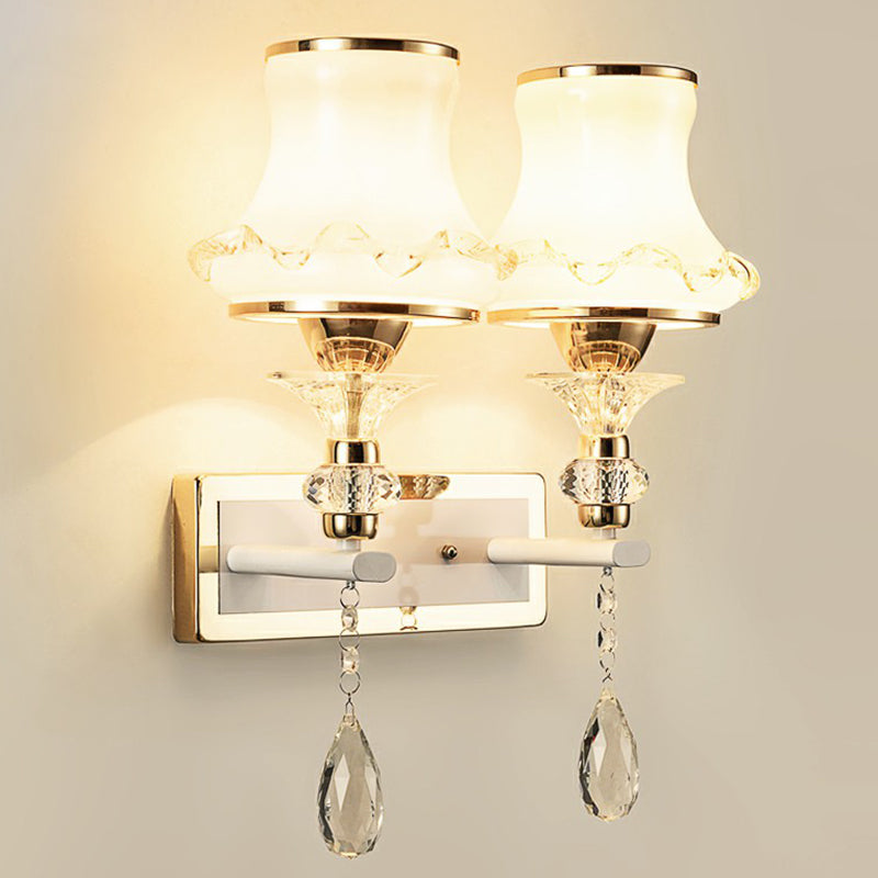 Flared Living Room Wall Light Vintage Frosted Glass Champagne Wall Sconce with Crystal Accents