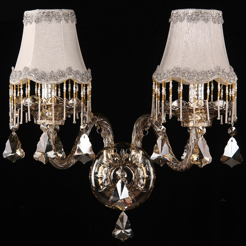 Scalloped Fabric Wall Lamp Fixture Antique Style 2-Light Bedroom Sconce with Fringe in Amber