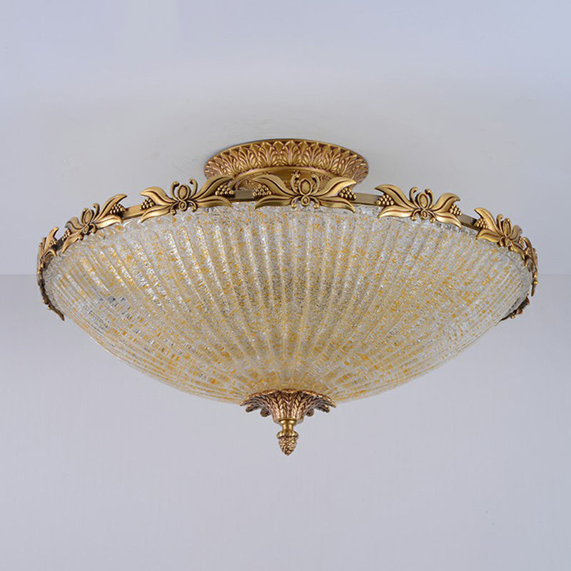 Antiqued Bowl Shaped Flush Light Clear Variegated Glass Semi Mount Lighting in Brass