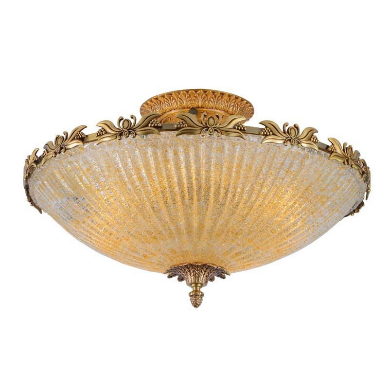 Antiqued Bowl Shaped Flush Light Clear Variegated Glass Semi Mount Lighting in Brass