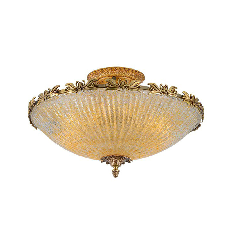 Antiqued Bowl Shaped Flush Light Clear Variegated Glass Semi Mount Lighting in Brass