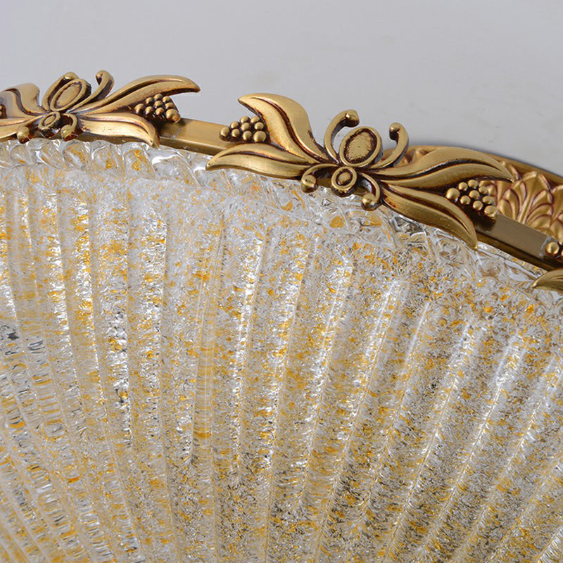 Antiqued Bowl Shaped Flush Light Clear Variegated Glass Semi Mount Lighting in Brass