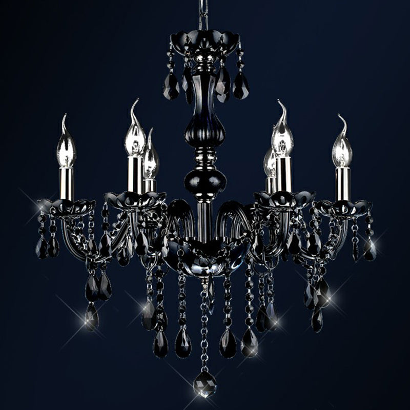 6-Licht-Kerze Kronleuchter Vintage Schwarzer Kristalldecke Anhänger Licht für Wohnzimmer