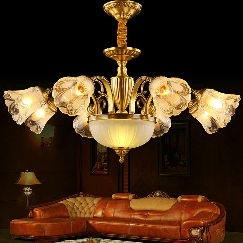 Frosted Glass Flower Kroonluchter Koloniale stijl Woonkamer Suspensie Licht in goud